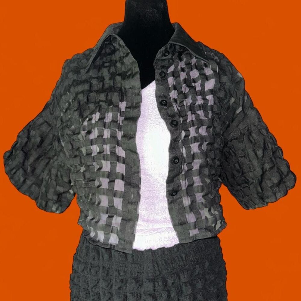 Black Sheer Mesh Checkered Ruffle Crop Blouse Size S